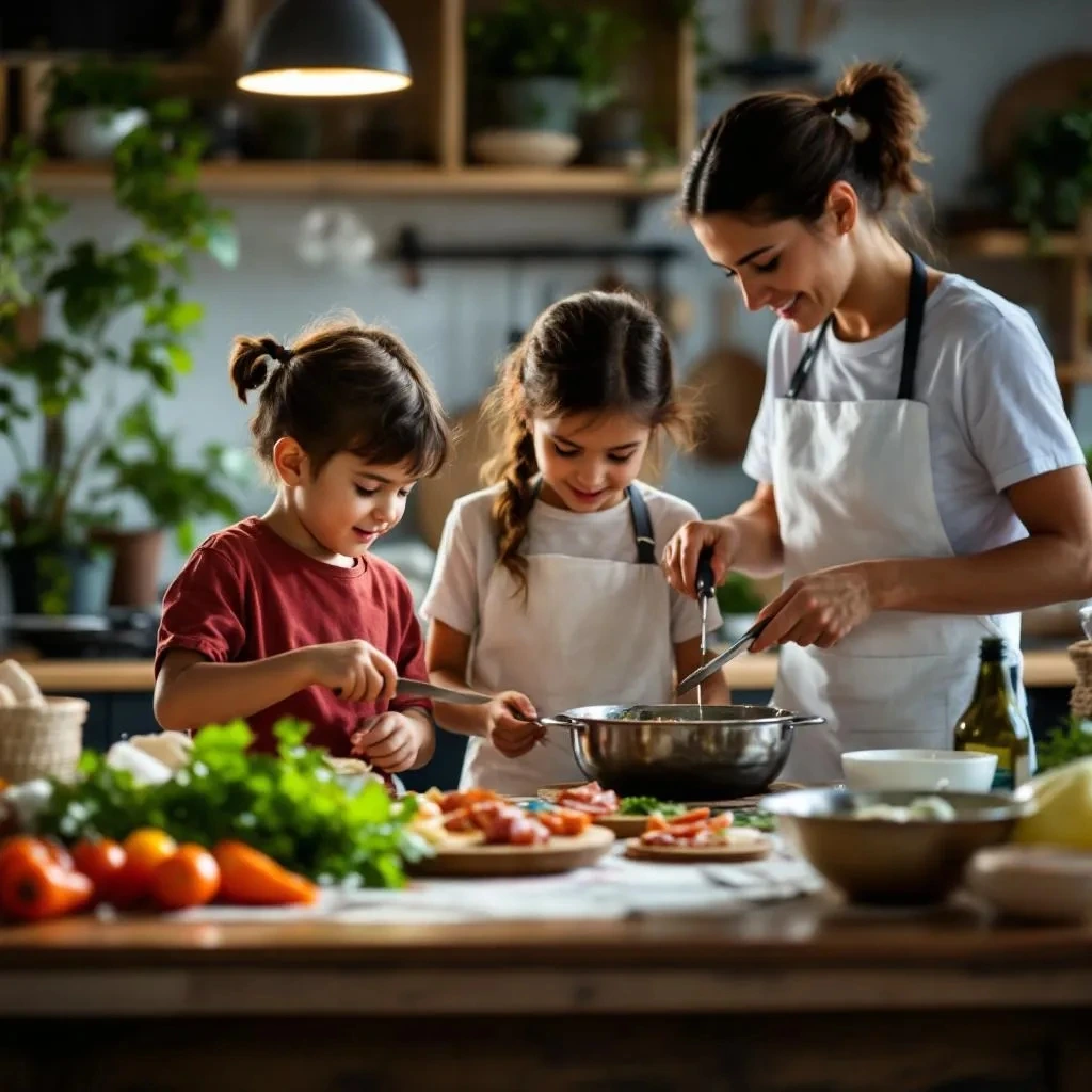 niños preparando la cena con sus padres usando carnes frías como jamón y salchicha