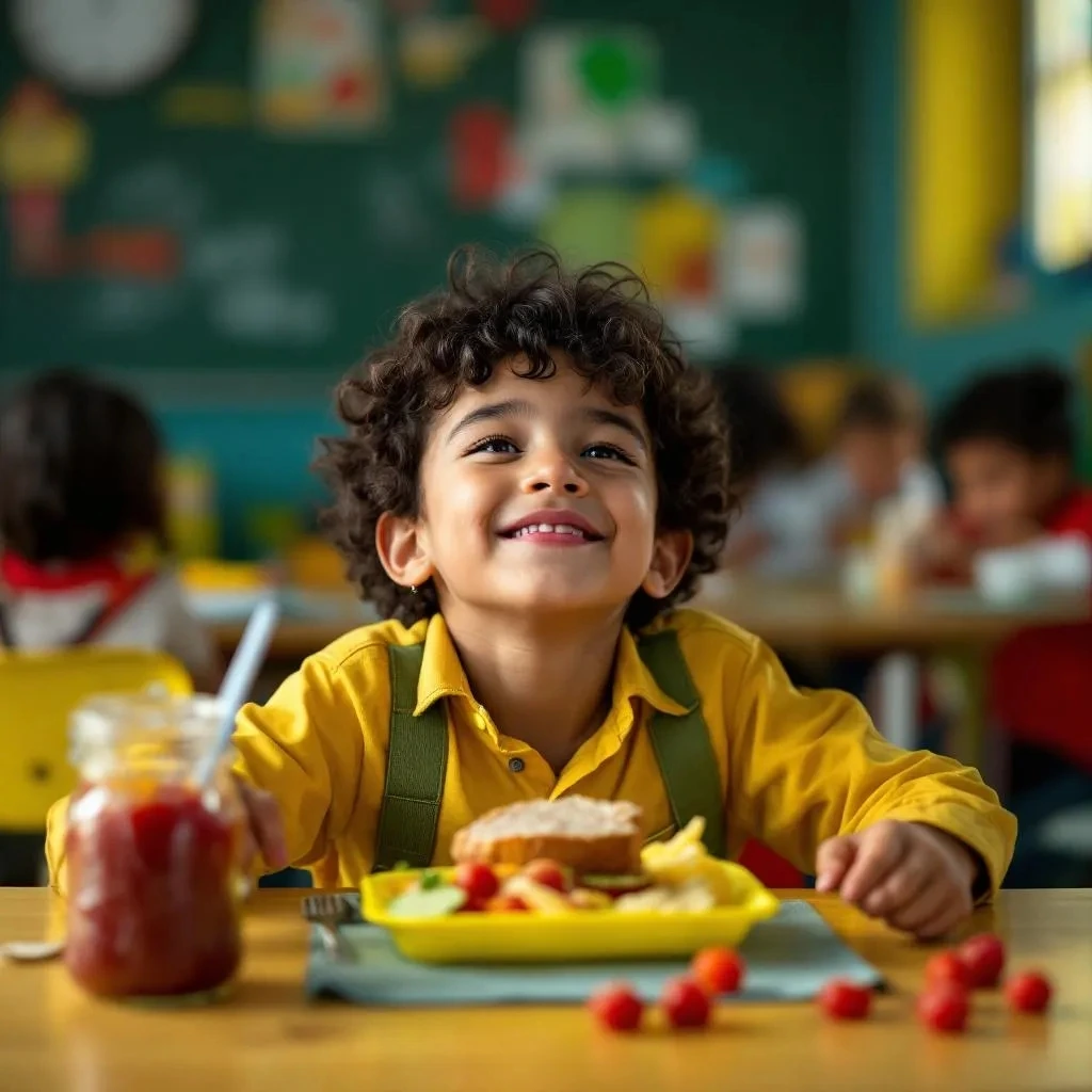 niño abriendo su lonchera sonriente, con su lunch de jamón de pavo y frutas