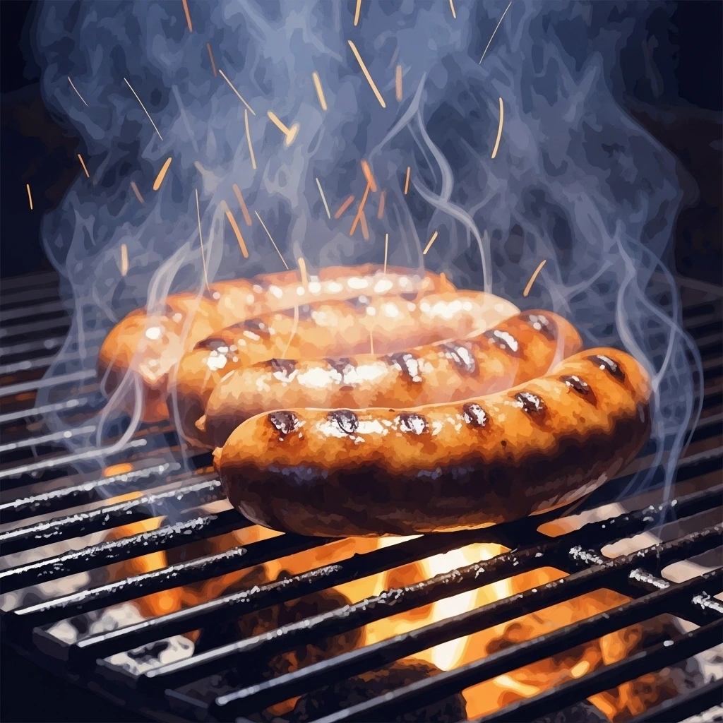 salchichas para asar en primer plano sobre la parrilla, con brasas y chispas