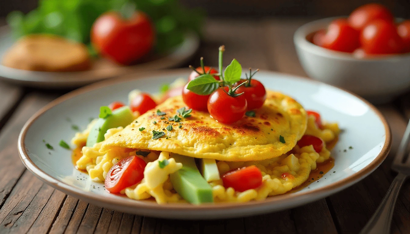 Desayuno saludable con omelette relleno y productos Capistrano ricos en proteínas