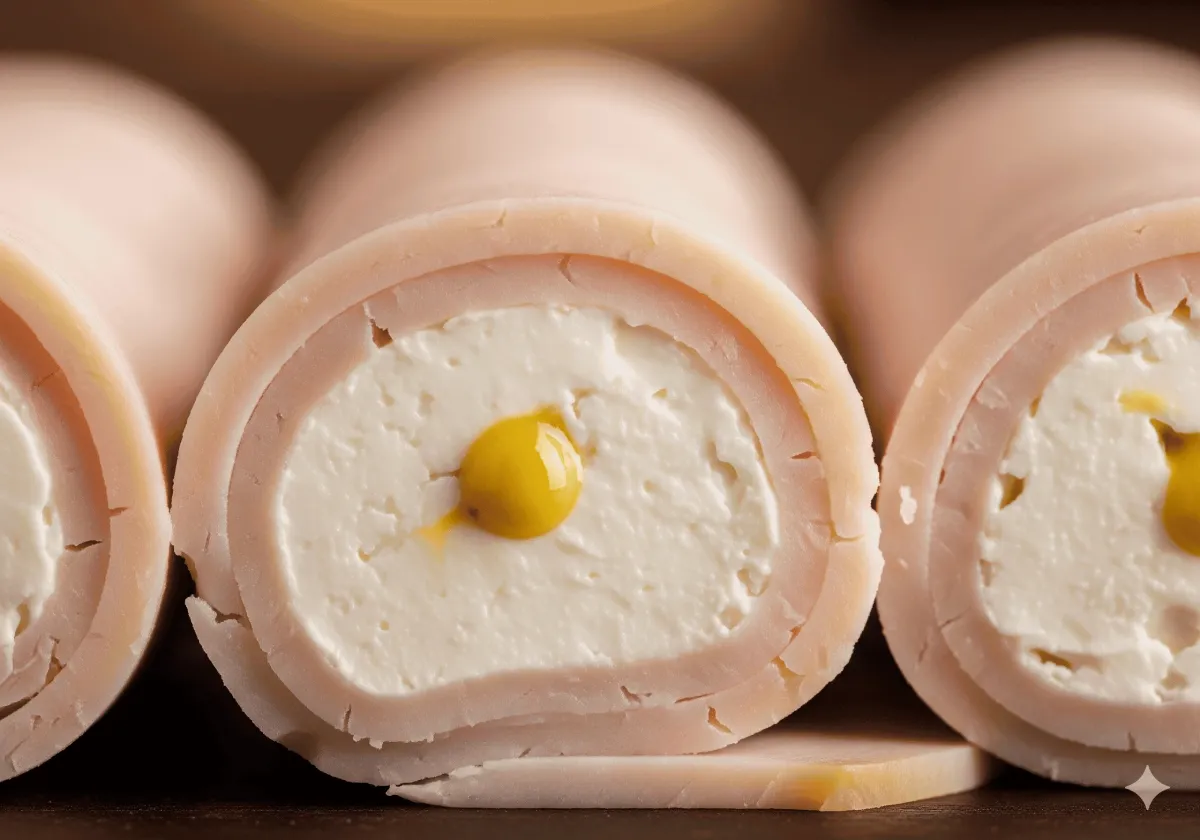 Detalle de rollitos de Pechuga de Pavo Capistrano rellenos de queso crema y mostaza Dijon