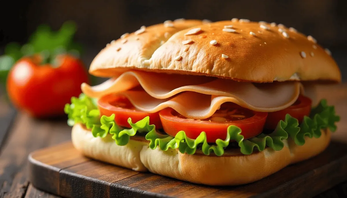 Sándwich funcional con jamón de pierna y jamón California Capistrano servido con vegetales frescos