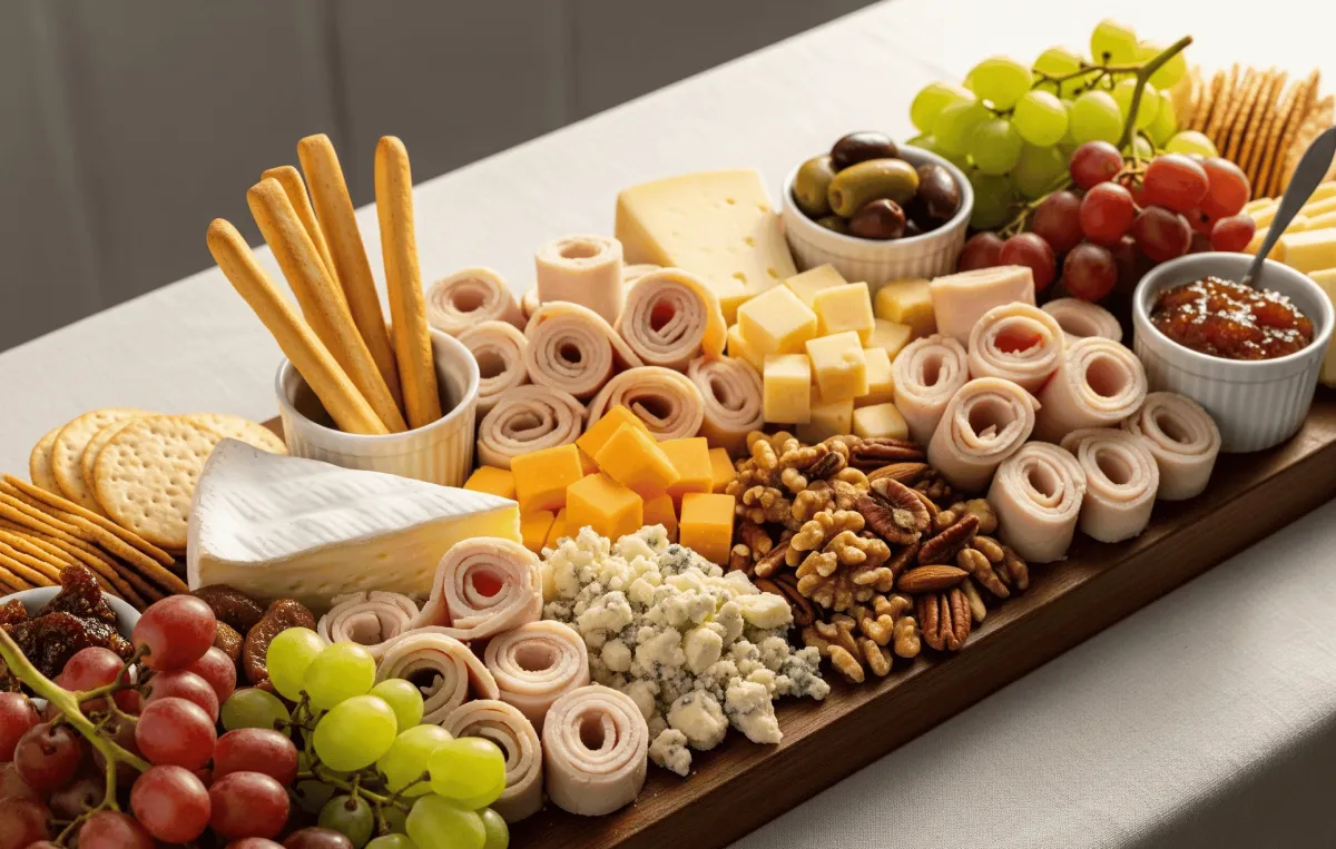 Tabla de carnes frías con Rollitos de Pechuga de Pavo Capistrano, quesos, uvas y frutos secos